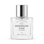 A 50 ml clear glass perfume bottle with a reflective silver cap, featuring a white label with black text that reads 'DST FRAGRANCES MARSHMALLOW CLOUD Eau de Toilette'.