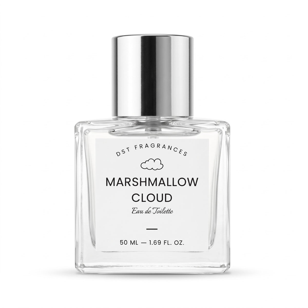 A 50 ml clear glass perfume bottle with a reflective silver cap, featuring a white label with black text that reads 'DST FRAGRANCES MARSHMALLOW CLOUD Eau de Toilette'.