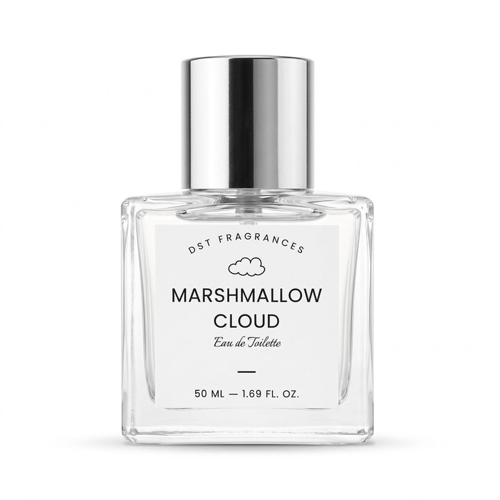A 50 ml clear glass perfume bottle with a reflective silver cap, featuring a white label with black text that reads &
