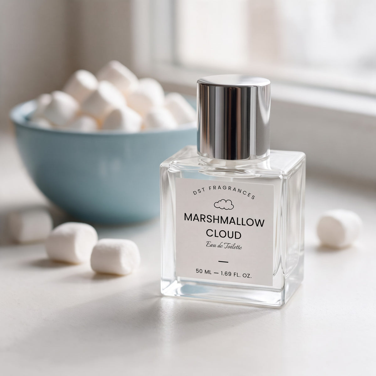 A clear glass perfume bottle labeled 'Marshmallow Cloud' by DST Fragrances, with a silver cap, set on a light surface with marshmallows and a blue bowl in the background.