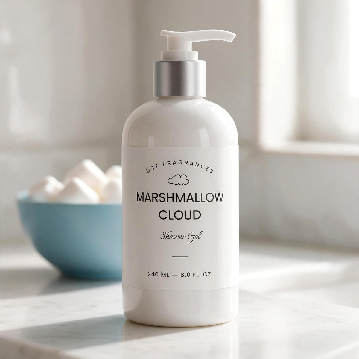 A white pump bottle of Marshmallow Cloud Shower Gel by Dry Fragrances, set on a light marble countertop with a soft-focus blue bowl of marshmallows in the background.