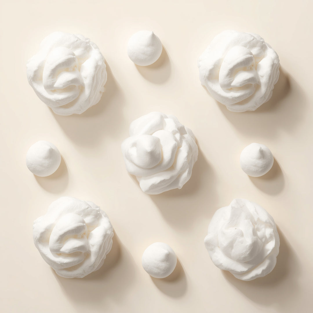Nine white whipped cosmetic or cream-like dollops arranged on a warm beige background, with some larger rosette shapes and several smaller rounded dollops.