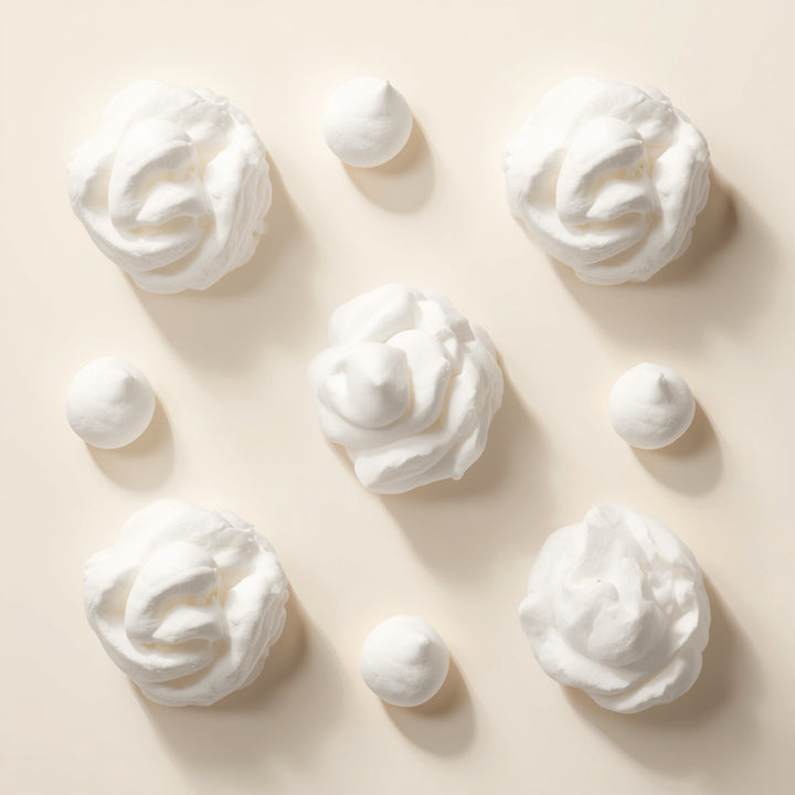 Nine white whipped cosmetic or cream-like dollops arranged on a warm beige background, with some larger rosette shapes and several smaller rounded dollops.
