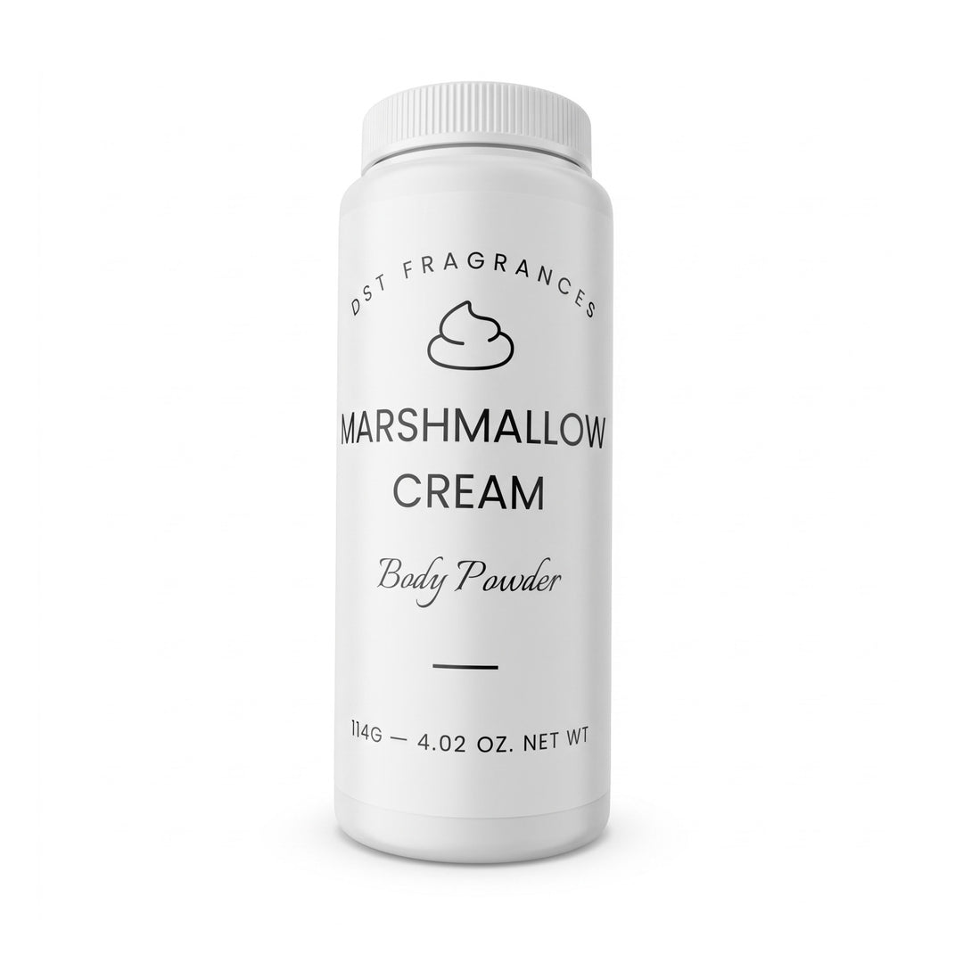 A white plastic bottle of dst Fragrances Marshmallow Cream Body Powder, featuring a clean white label with black text and a small marshmallow icon, set against a plain white background.