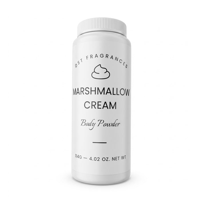 A white plastic bottle of dst Fragrances Marshmallow Cream Body Powder, featuring a clean white label with black text and a small marshmallow icon, set against a plain white background.