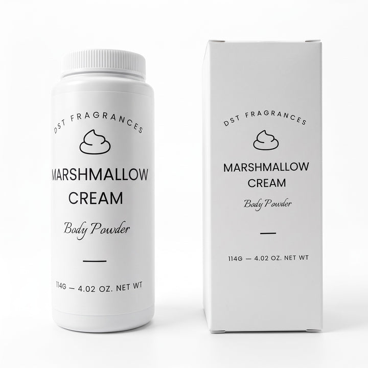 A white plastic bottle and matching white box for DST Fragrances Marshmallow Cream Body Powder, shown on a clean white background.