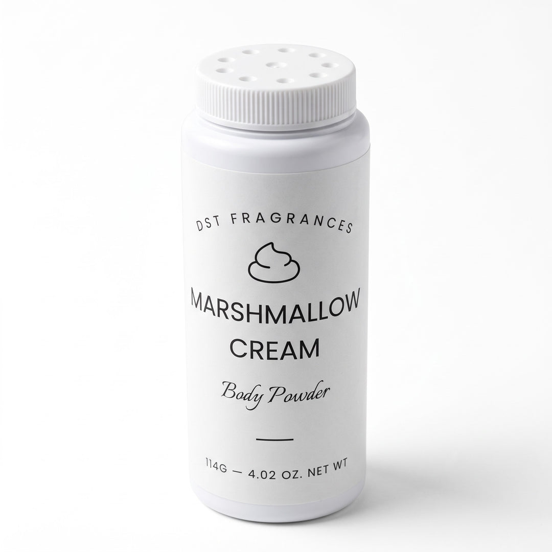 A white plastic bottle of DST Fragrances Marshmallow Cream Body Powder, featuring a white screw cap and black printed text and logo on a clean white background.