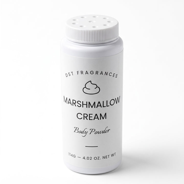 A white plastic bottle of DST Fragrances Marshmallow Cream Body Powder, featuring a white screw cap and black printed text and logo on a clean white background.