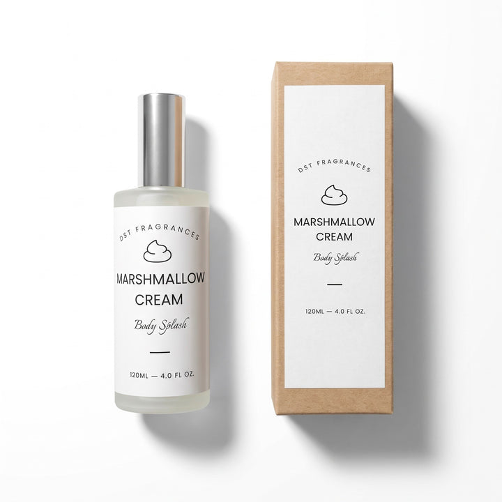 4oz bottle of Marshmallow Cream scented body splash and its box by DST Fragrances against a white background.