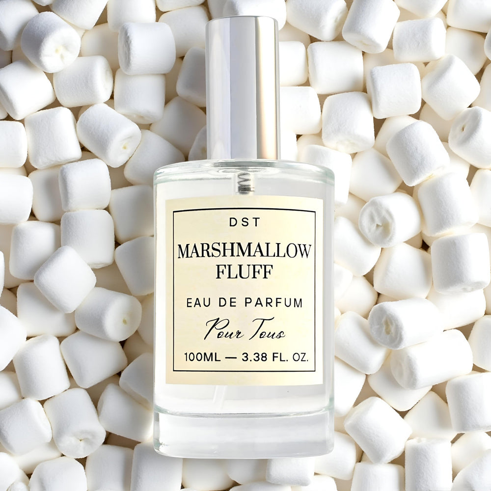Marshmallow Fluff Eau de Parfum resting on a bed of whitw marshmallows.