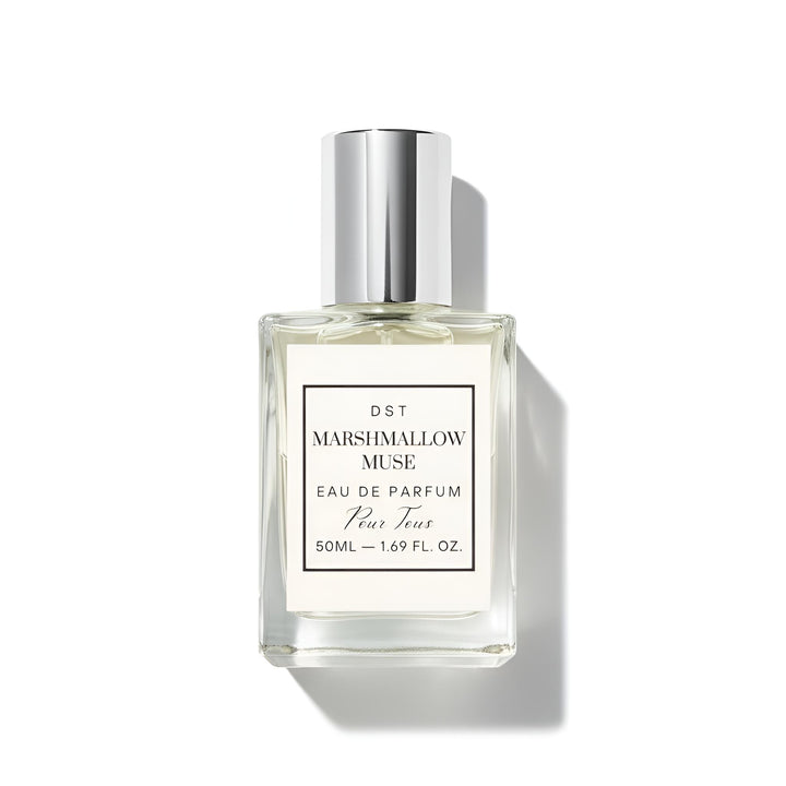 Perfume bottle labeled 'Marshmallow Muse' on a white background