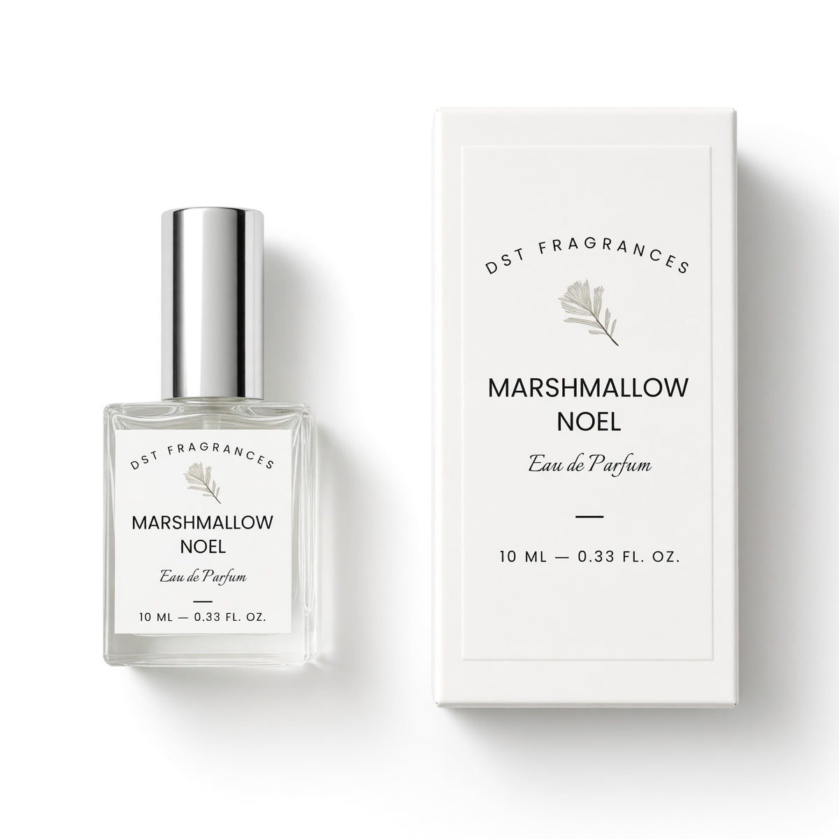 A 10 ml bottle of DST Fragrances Marshmallow Noel Eau de Parfum next to its white packaging box, set against a clean white background.
