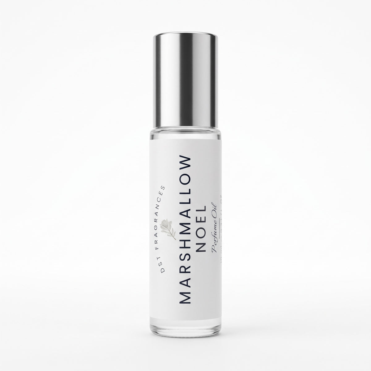 A clear glass roll-on bottle with a reflective silver cap and a white label reading 'MARSHMALLOW NOEL' and 'DST Fragrances', centered on a light gray background.
