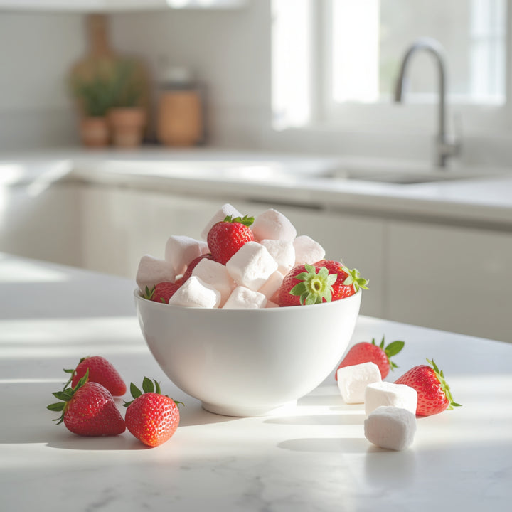 A white ceramic bowl filled with fresh red strawberries and white marshmallows, set on a bright marble kitchen countertop with a blurred kitchen background.
