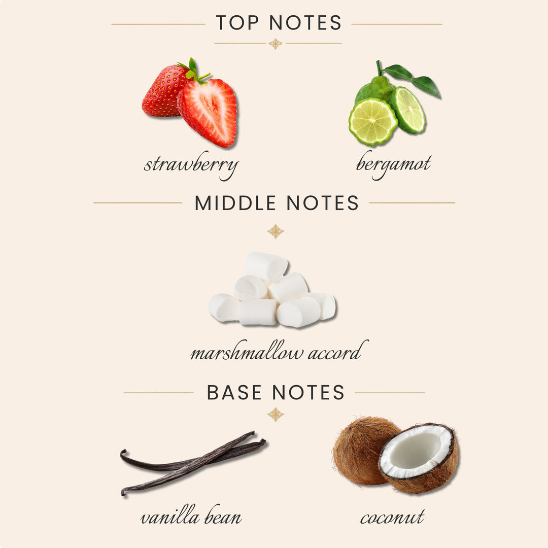Top Notes:
strawberry
bergamot
Middle Notes:
marshmallow accord
Base Notes:
vanilla bean
coconut