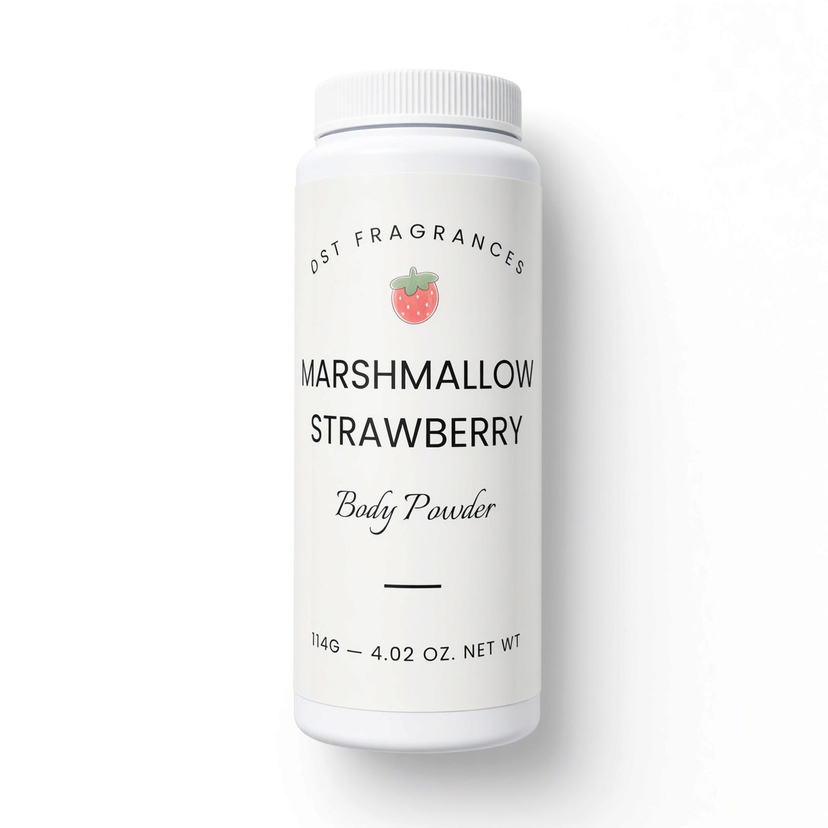 A white plastic bottle of dst Fragrances Marshmallow Strawberry Body Powder, featuring a clean white label with black text and a small strawberry graphic, set against a plain white background.