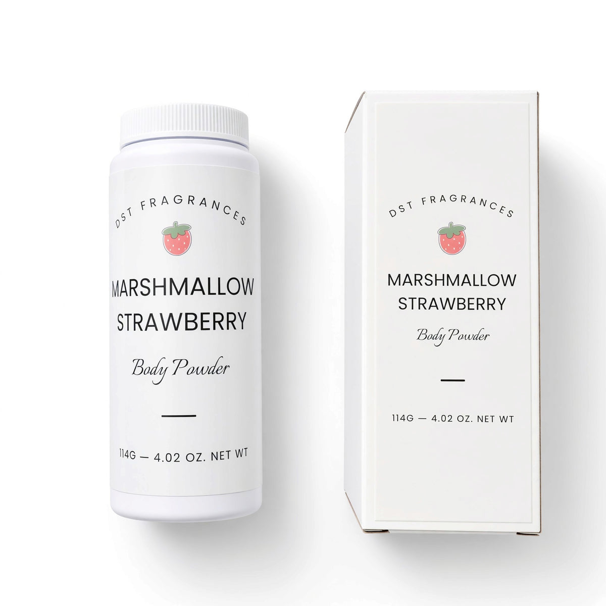 A white plastic bottle and matching white box for DST Fragrances Marshmallow Strawberry Body Powder, shown on a clean white background.