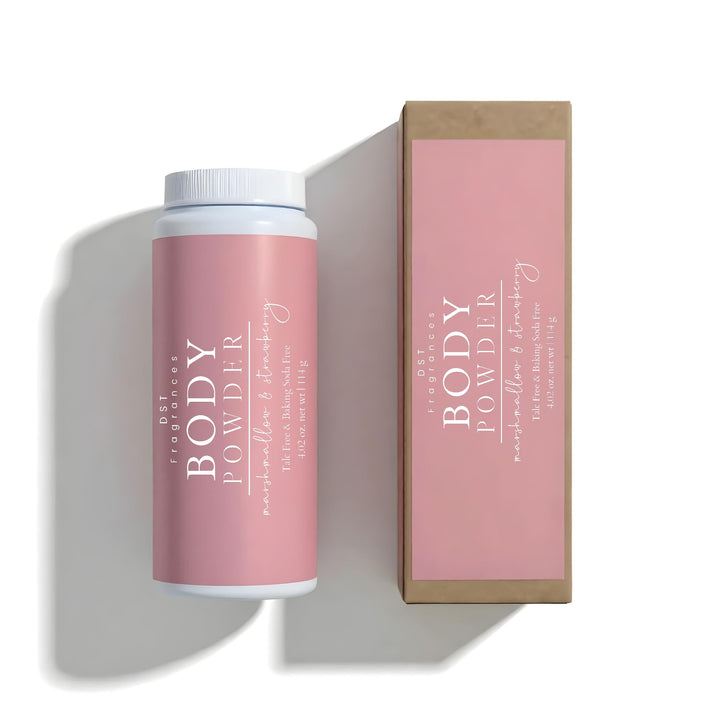 Body powder canister and packaging on a white background