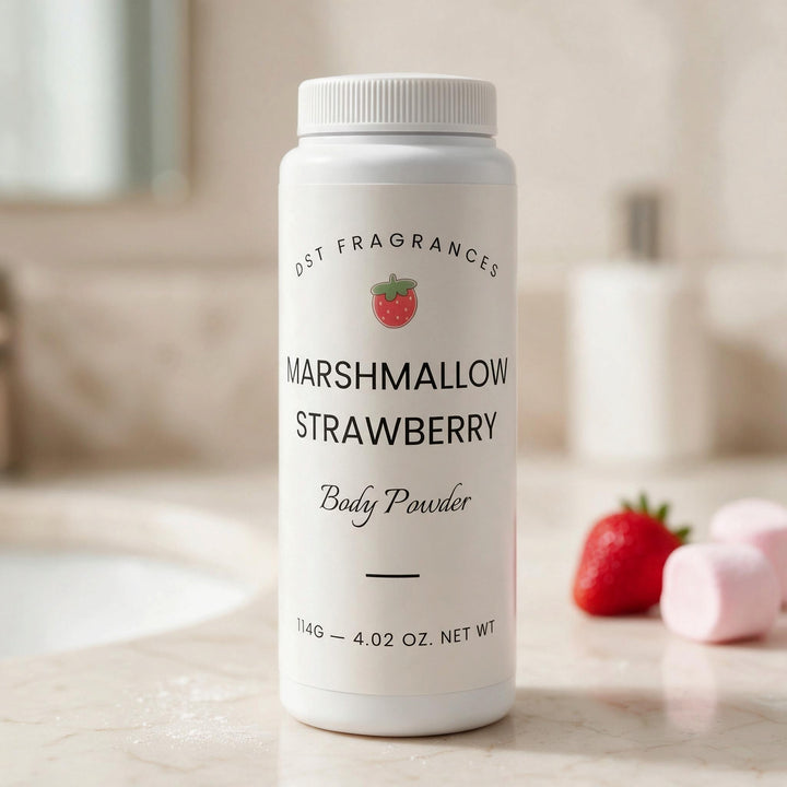 A white plastic bottle of Dst Fragrances Marshmallow Strawberry Body Powder, styled on a white surface with a fresh strawberry and pink marshmallows under soft, dramatic window light.