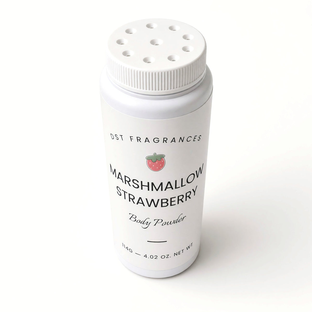 A white plastic shaker bottle of DST Fragrances Marshmallow Strawberry Body Powder, featuring a white screw cap with dispenser holes and a printed strawberry logo on a clean white background.