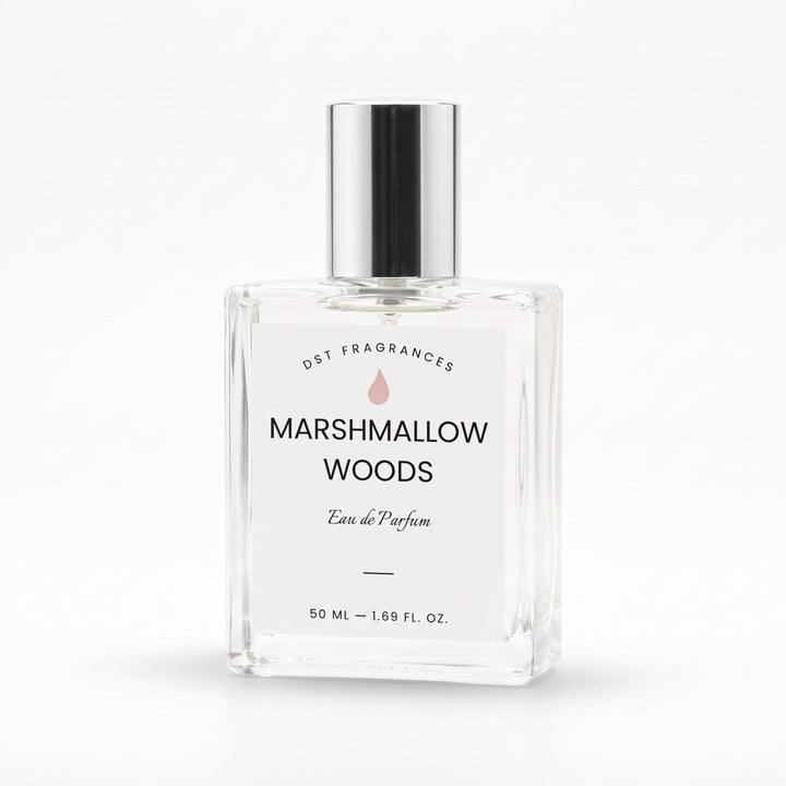 A clear glass perfume bottle with a reflective silver cap and a white label reading &