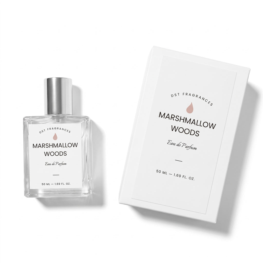50ml bottle of Marshmallow Woods Eau de parfum and its box against a white background.