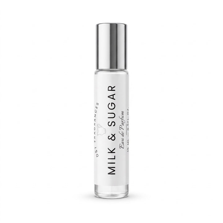 15ml spray bottle of Milk &amp; Sugar Eau de Parfum by DST Fragrances against a while background.