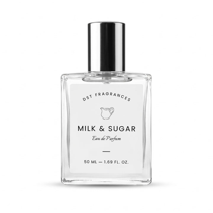 50ml spray bottle of Milk &amp; Sugar Eau de Parfum by DST Fragrances against a while background.