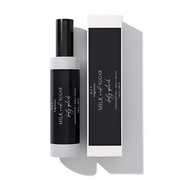 100ml bottle of Milk and Sugar Scented body splash spray and its box by DST Fragrances against a white background.