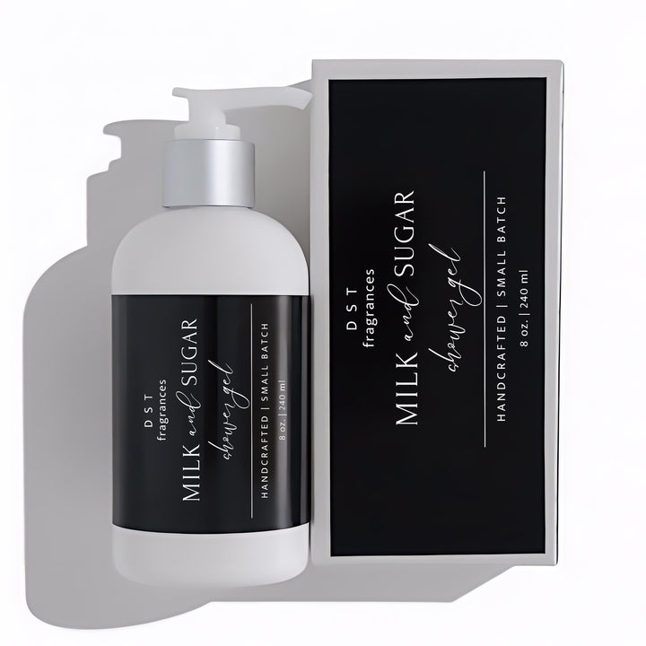 240ml bottle of Milk and Sugar Scented Shower Gel and its box against a white background.