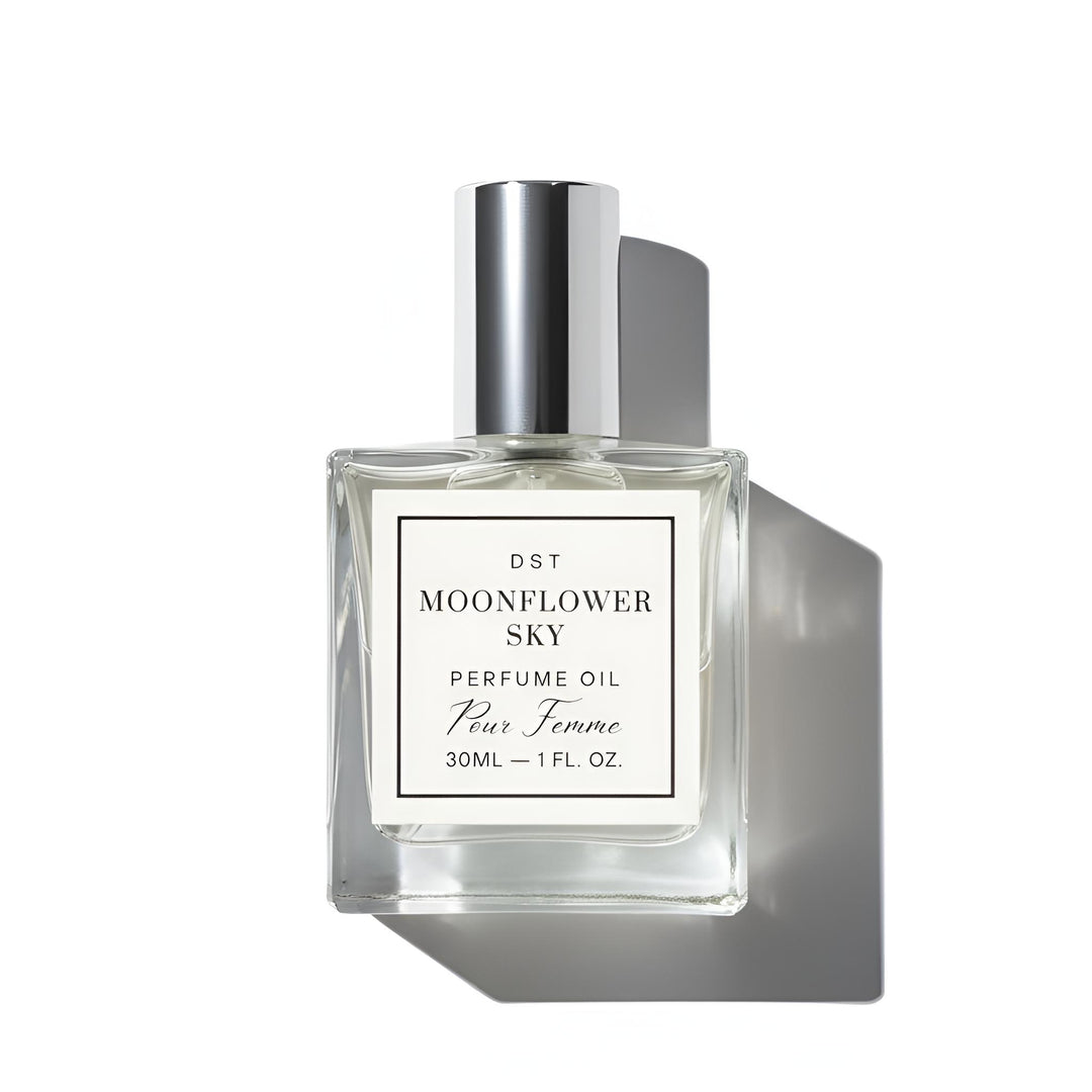 Perfume oil bottle labeled 'Moonflower Sky' on a white background