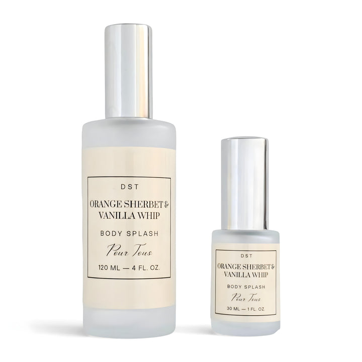 Two body splash bottles labeled 'Orange Sherbet & Vanilla Whip' by DST on a white background.