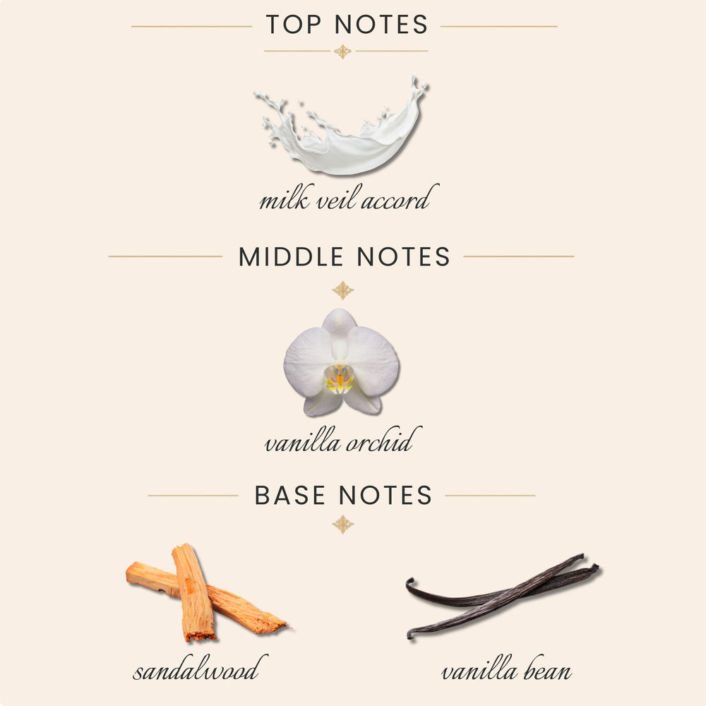 Top Notes:
milk veil accord
Middle Notes:
vanilla orchid
Base Notes:
sandalwood
vanilla bean