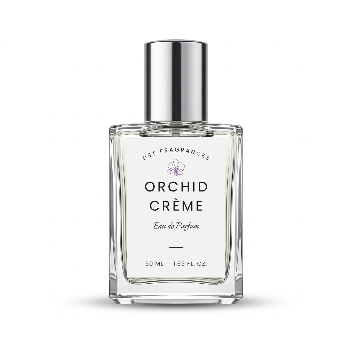 A 50 ml clear glass perfume bottle with a silver cap, featuring a white label with black text that reads 'ORCHID CRÈME' and 'DST FRAGRANCES'.