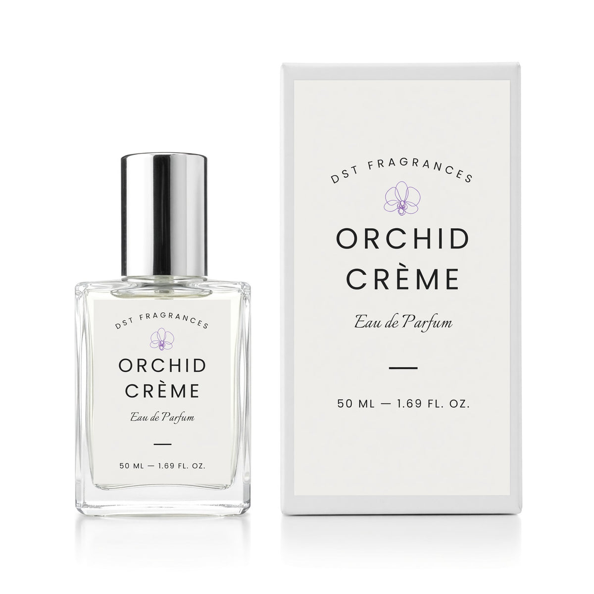 A clear glass perfume bottle with a silver cap stands next to its white rectangular box. Both the bottle and box are labeled 'ORCHID CRÈME Eau de Parfum' by ' DST FRAGRANCES', with a small purple orchid logo.