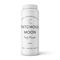 A white plastic bottle of DST Fragrances Patchouli Moon Body Powder, featuring a clean white label with black text and a crescent moon logo, set against a plain white background.