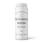 A white plastic bottle of DST Fragrances Patchouli Moon Body Powder, featuring a clean white label with black text and a crescent moon logo, set against a plain white background.