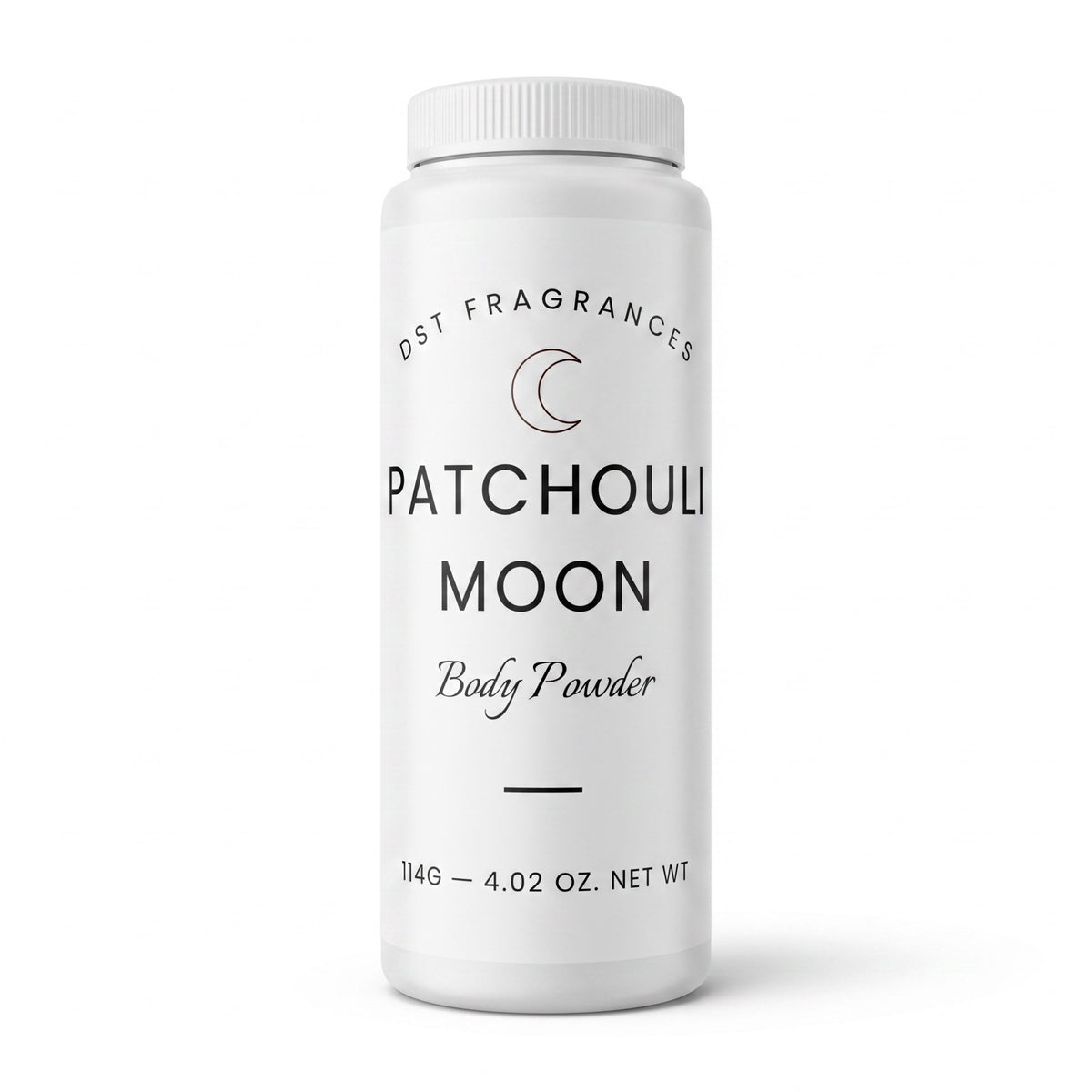 A white plastic bottle of DST Fragrances Patchouli Moon Body Powder, featuring a clean white label with black text and a crescent moon logo, set against a plain white background.