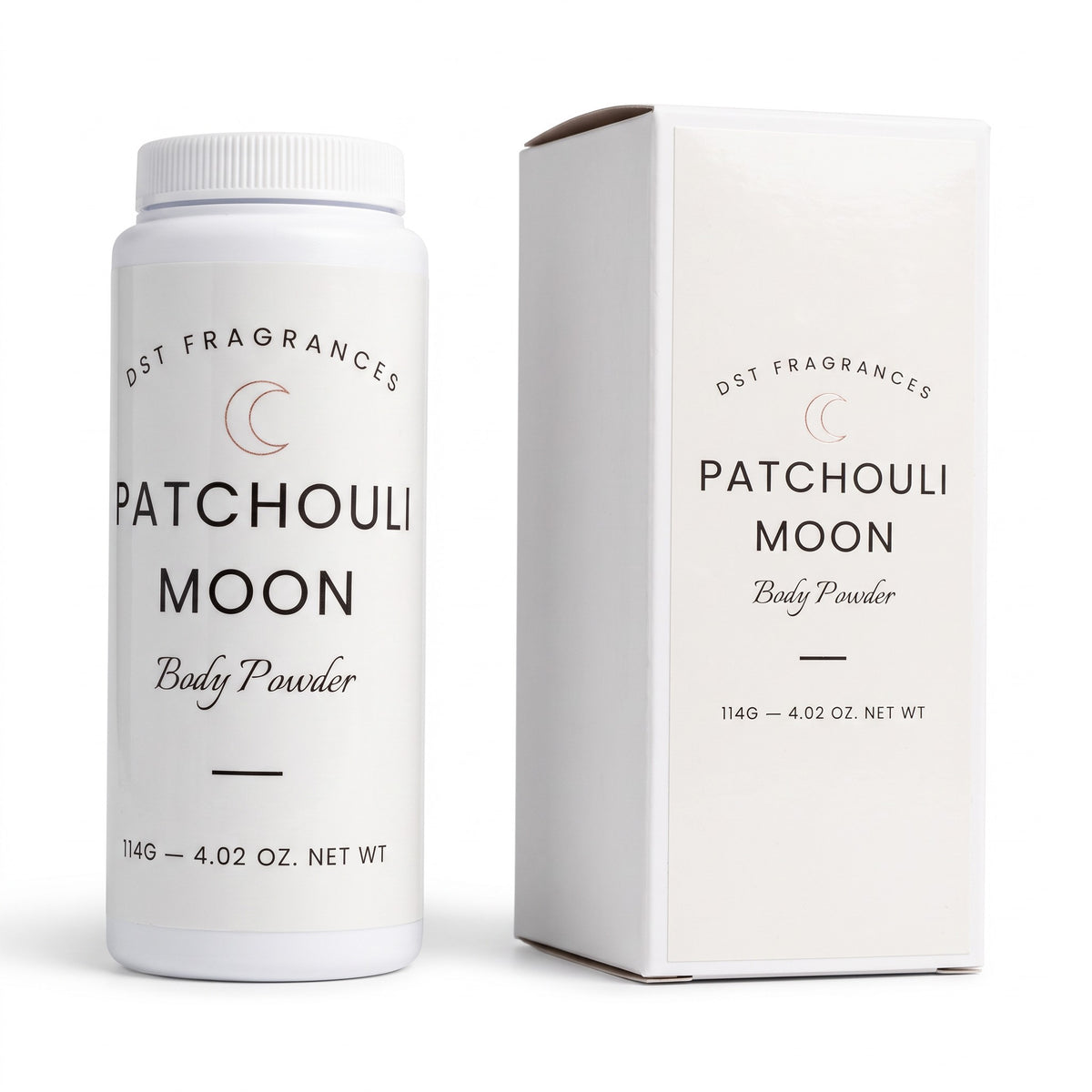 A white plastic bottle and matching white box for DST Fragrances Patchouli Moon Body Powder, shown on a clean white background.