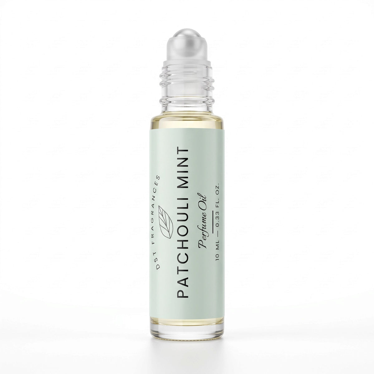 A 10 mL glass rollerball bottle of Patchouli Mint Perfume Oil by DST Fragrances, featuring a pale mint green label and a clear rollerball cap, set against a plain white background.