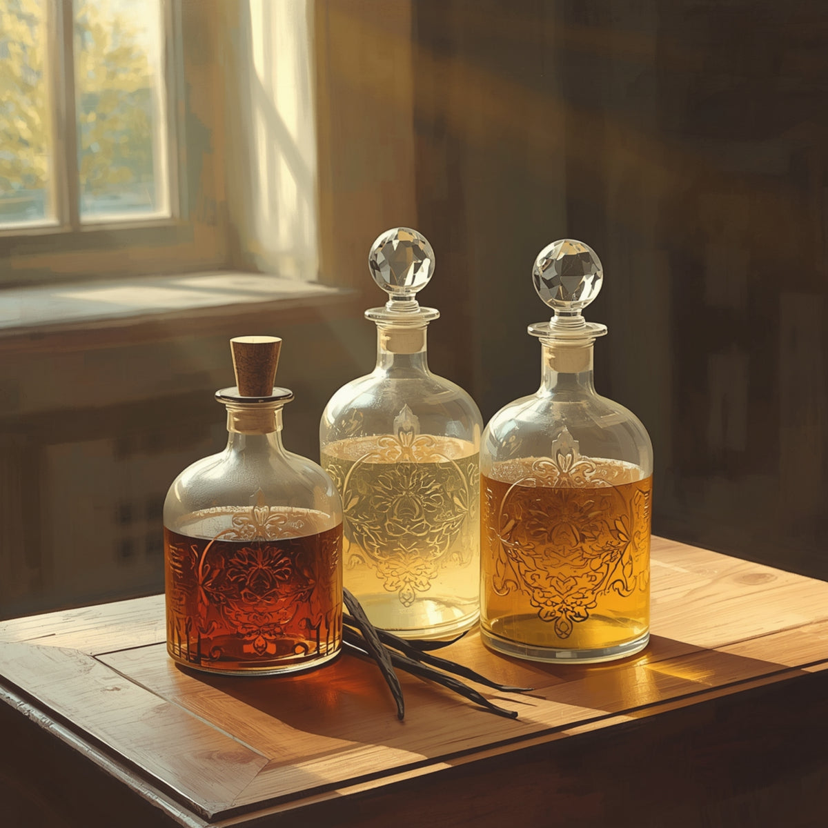 Three ornate clear glass apothecary bottles with round stoppers sit on a wooden table in warm sunlight near a window. The bottles contain amber, pale yellow, and golden liquids, with vanilla beans resting in front.