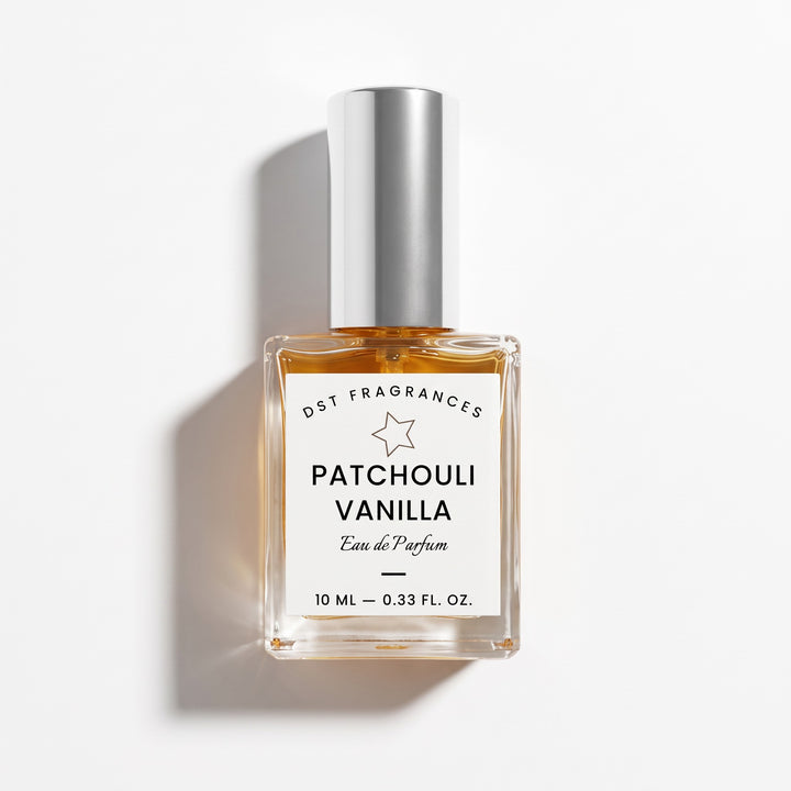 10ml bottle of Patchouli Vanilla EDP by DST Fragrances against a white background.