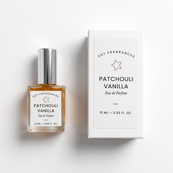 10ml bottle of Patchouli Vanilla EDP by DST Fragrances and its box against a white background.