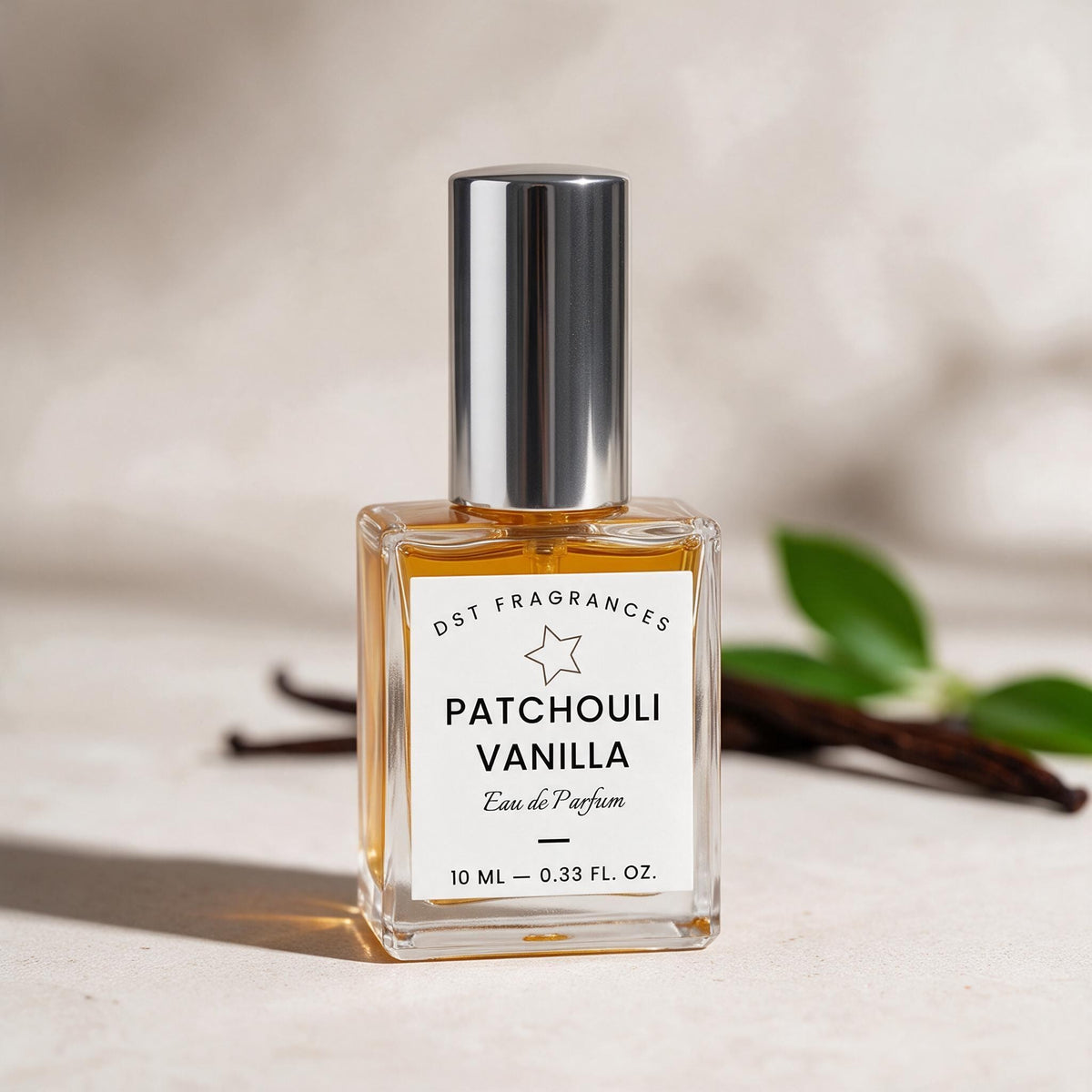 A 10 ml glass bottle of Patchouli Vanilla Eau de Parfum by DST Fragrances, featuring a white label and a metallic silver cap, set against a warm beige background with blurred vanilla beans and green leaves.