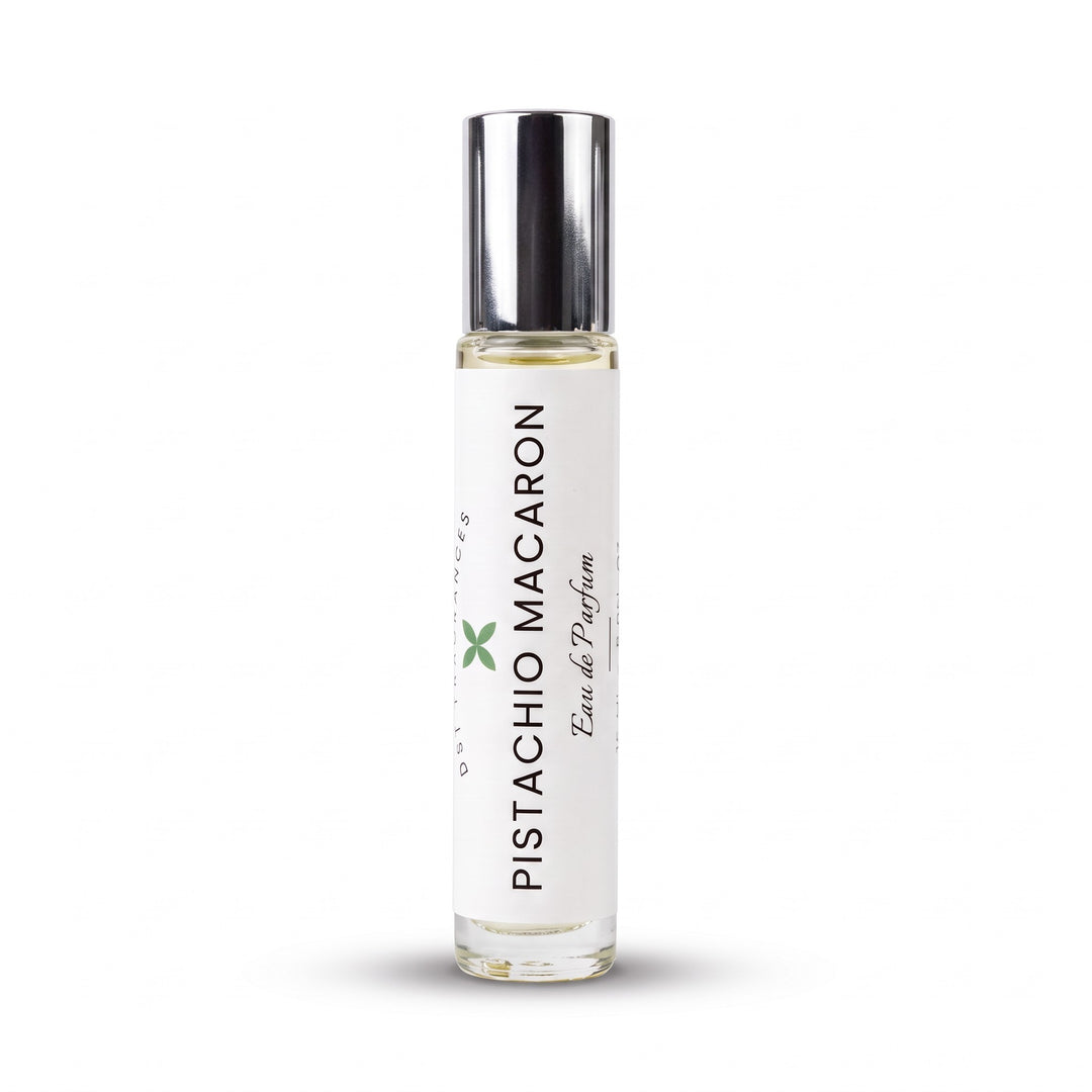 15ml bottle of Pistachio Macaron eau de parfum by dst fragrances against a white background.
