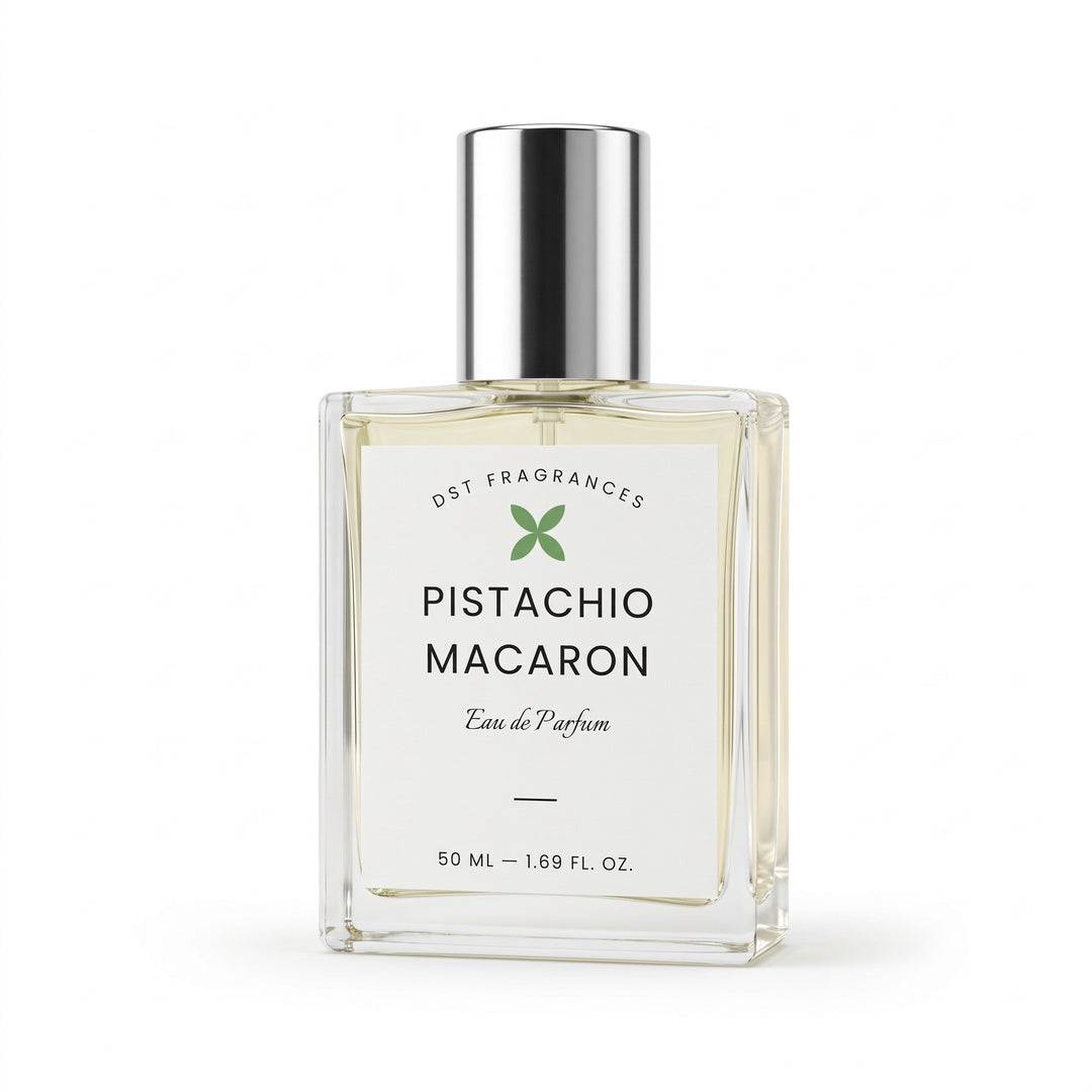 50ml bottle of Pistachio Macaron eau de parfum by dst fragrances against a white background.