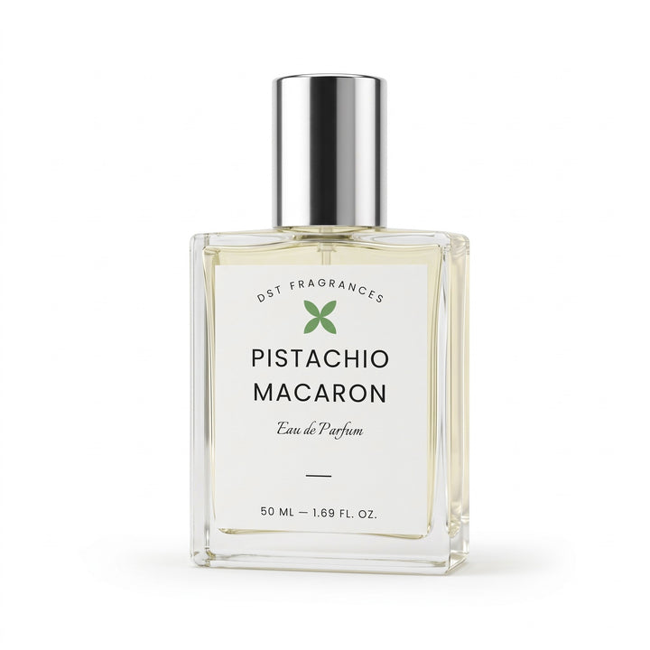 50ml bottle of Pistachio Macaron eau de parfum by dst fragrances against a white background.