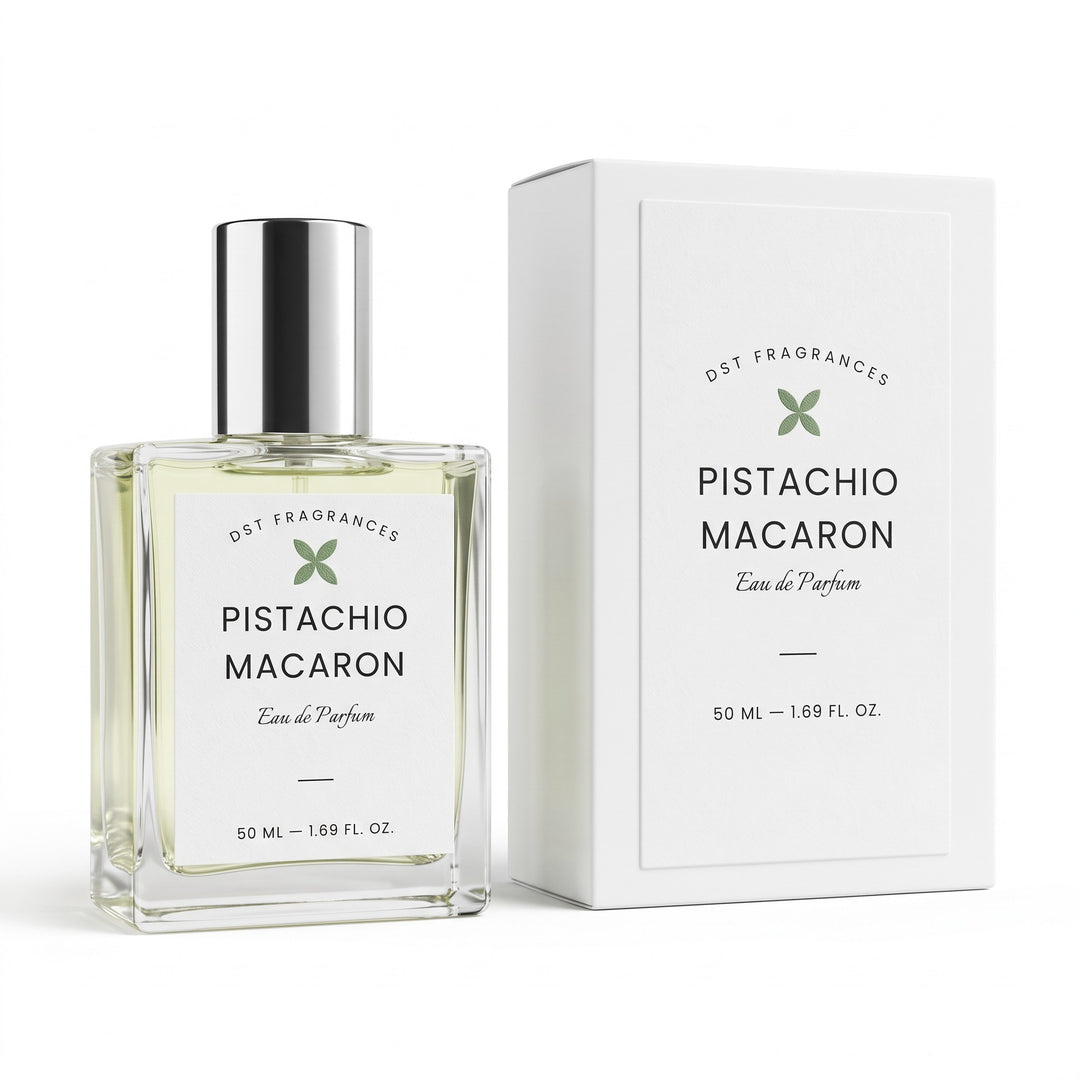 50ml bottle of Pistachio Macaron eau de parfum and its box by dst fragrances against a white background.