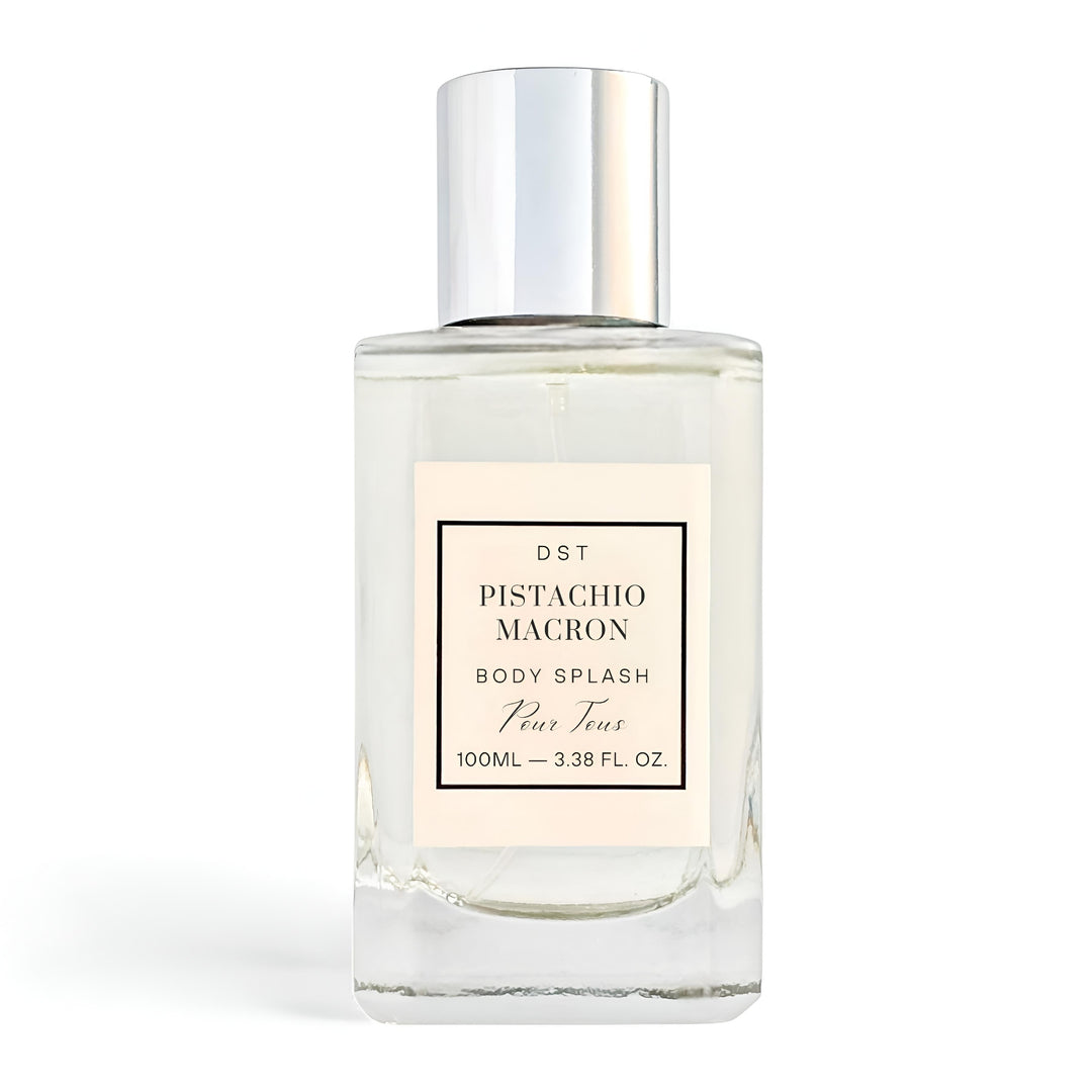 Pistachio Macron body splash bottle on a white background