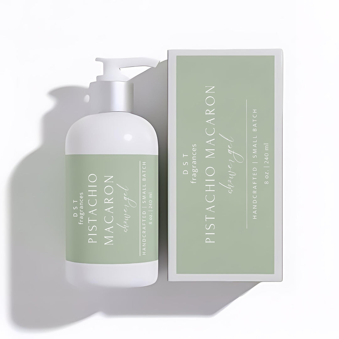 240ml bottle of Pistachio Macaron scented shower gel and its box by DST Fragrances against a white background.